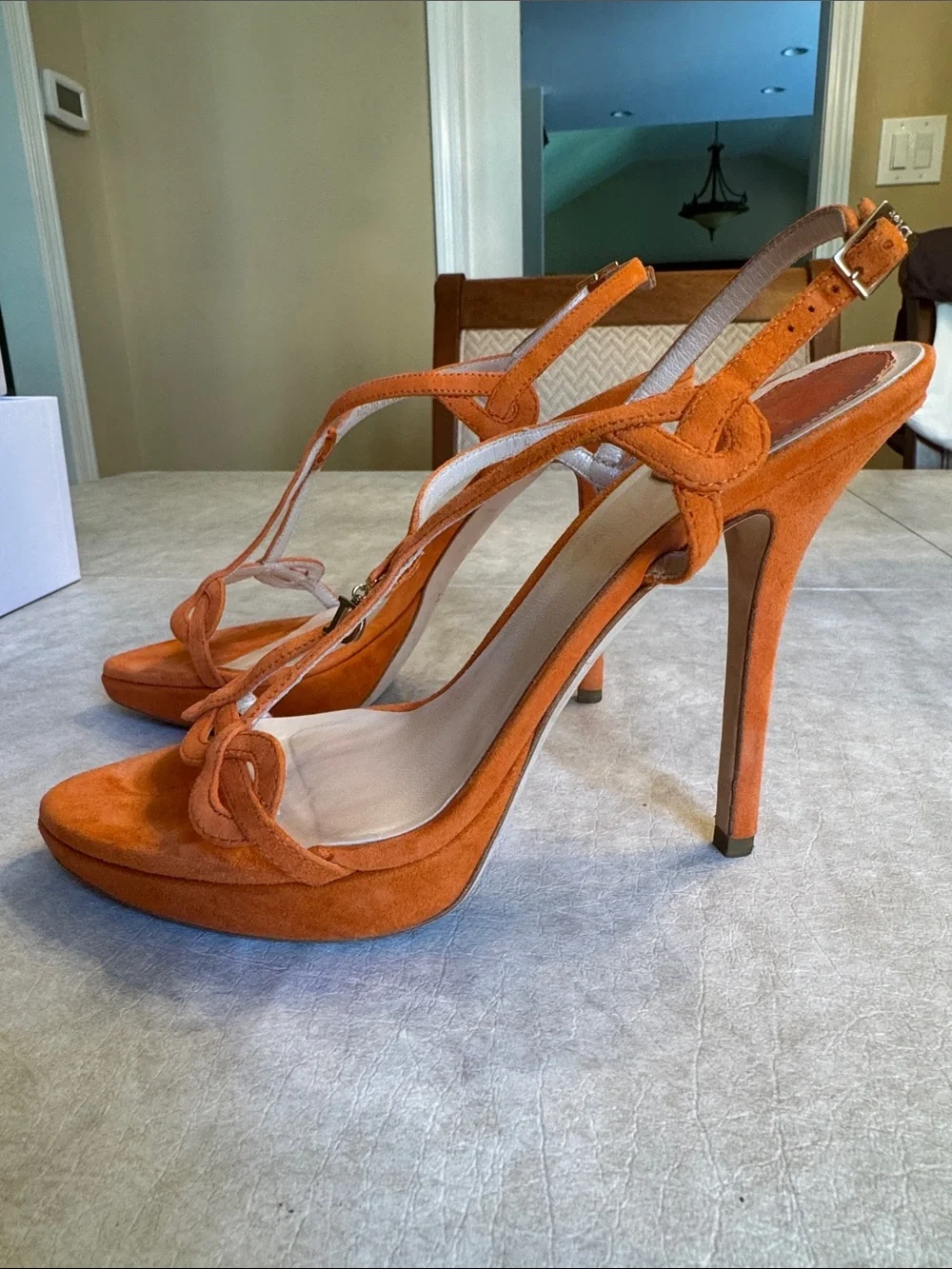 Dior Orange Suede T-Strap Slingback Heels